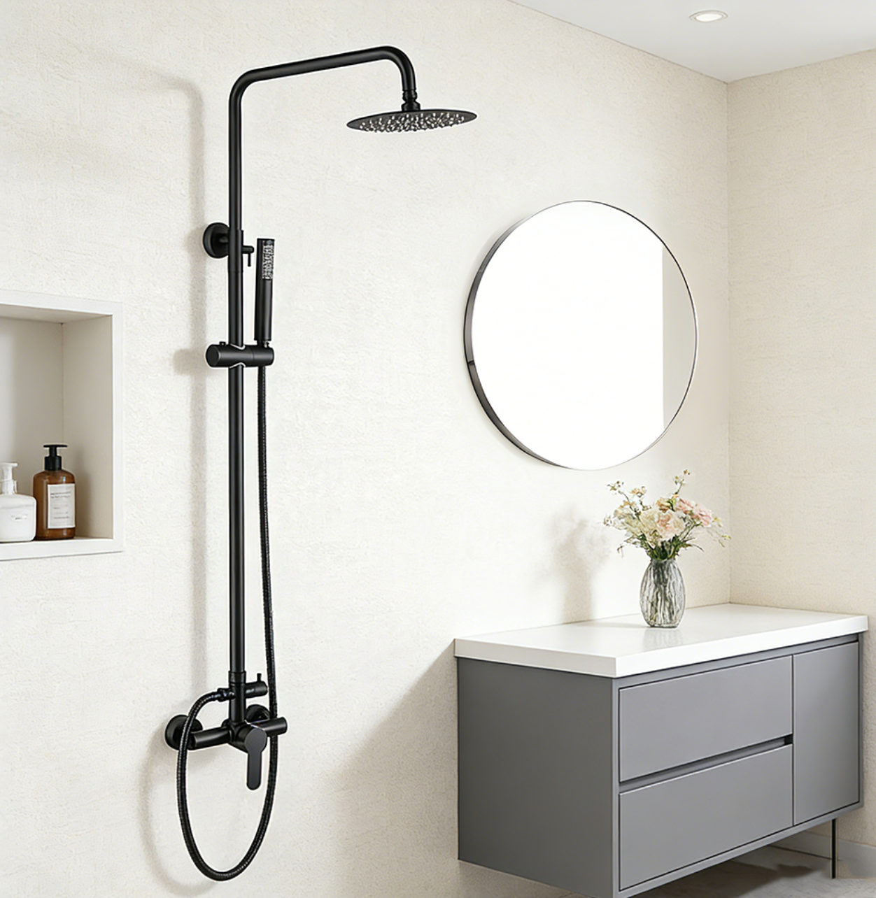 Wall Mounted High Pressure Shower System Black Rain Shower Head Thermostatic Round Stainless Steel Bathroom Shower Sets
